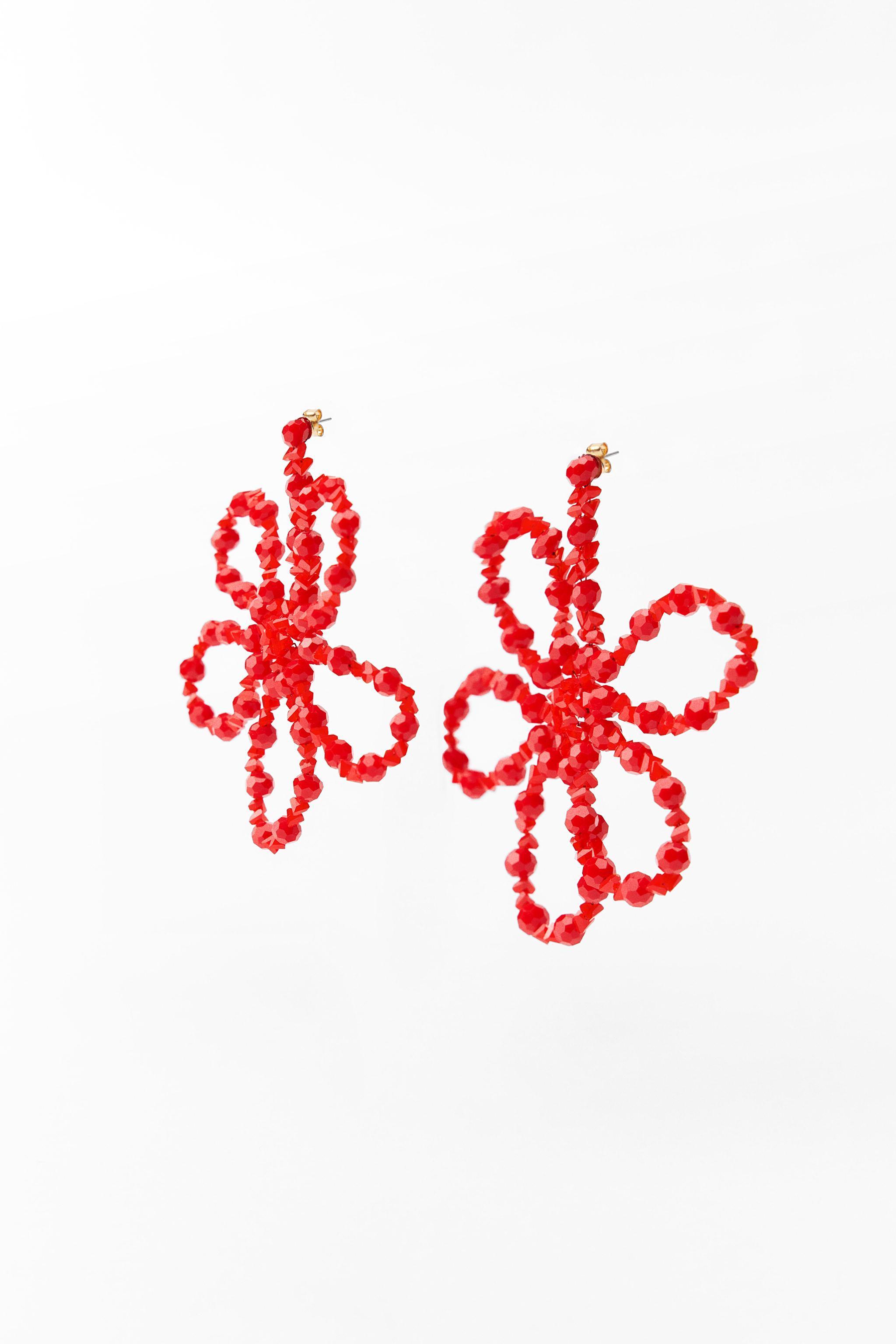 Flower shaped metal drop earrings with colorful bead appliqué. Butterfly closure. Product Image