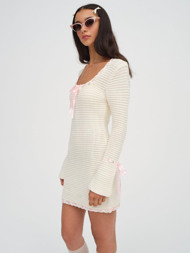 Olina Crochet Mini Dress — Beige Product Image