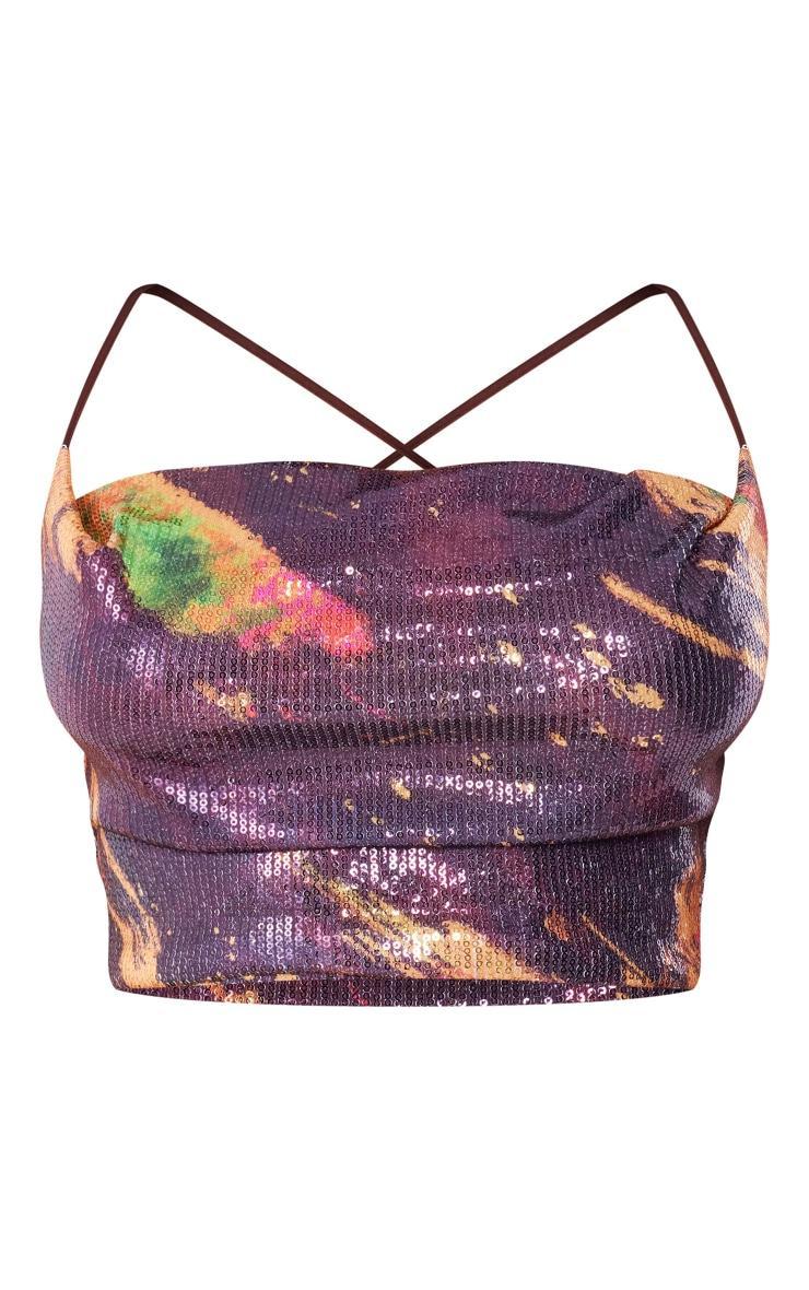 Black Printed Sequin Cowl Neck Crop Top Product Image