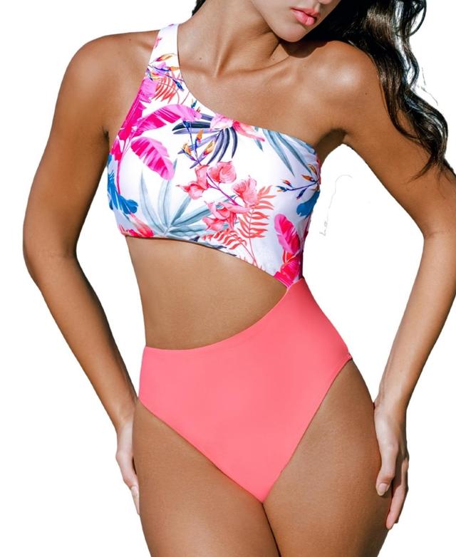 Cupshe Womens Floral One-Shoulder Asymmetrical Cutout One Piece Swimsuit Product Image