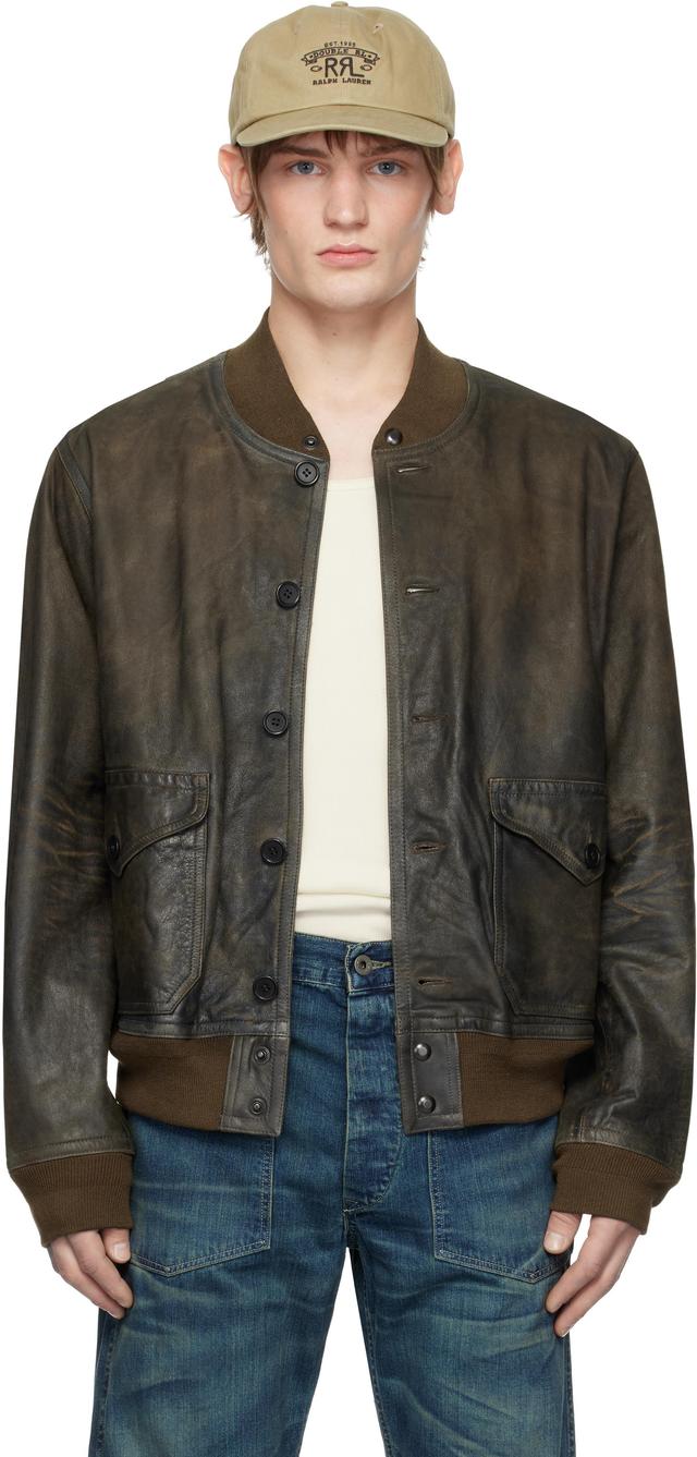 Brown Indigo Leather Bomber Jacket Product Image