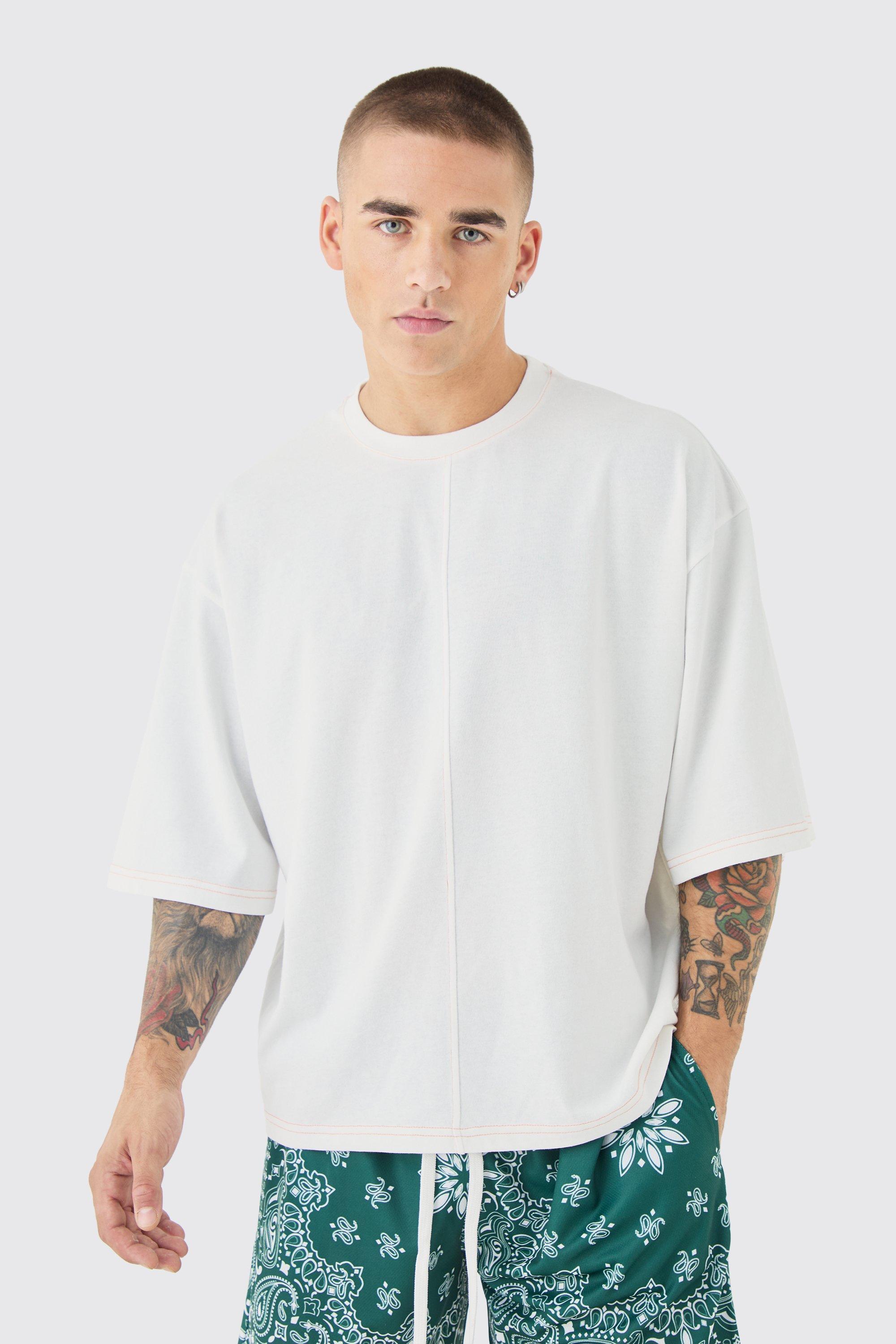 Mens Cream Oversized Boxy Contrast Stitch Half Sleeve T-shirt, Cream Product Image