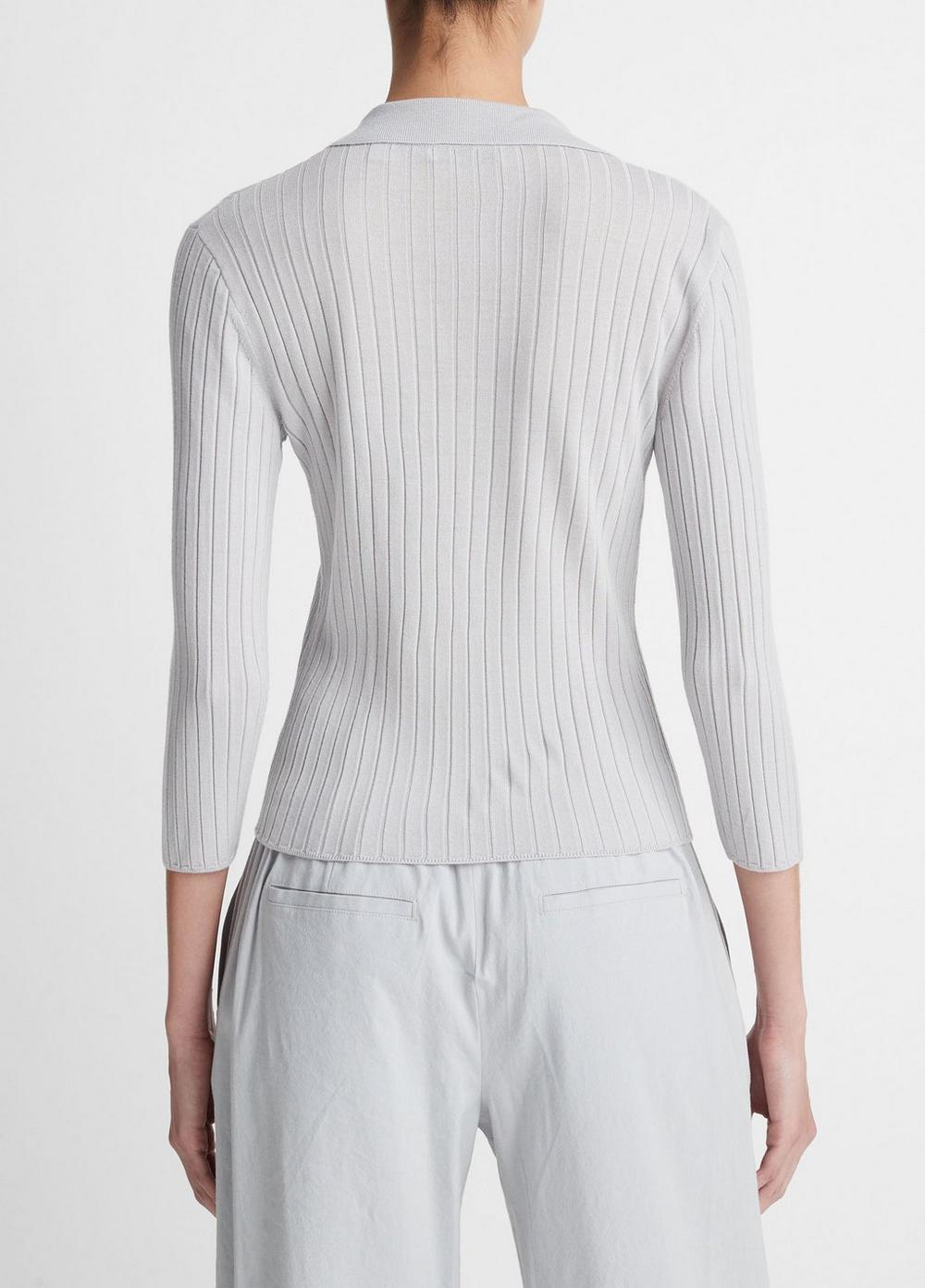 Ribbed Wool Three-Quarter-Sleeve Polo Sweater Product Image