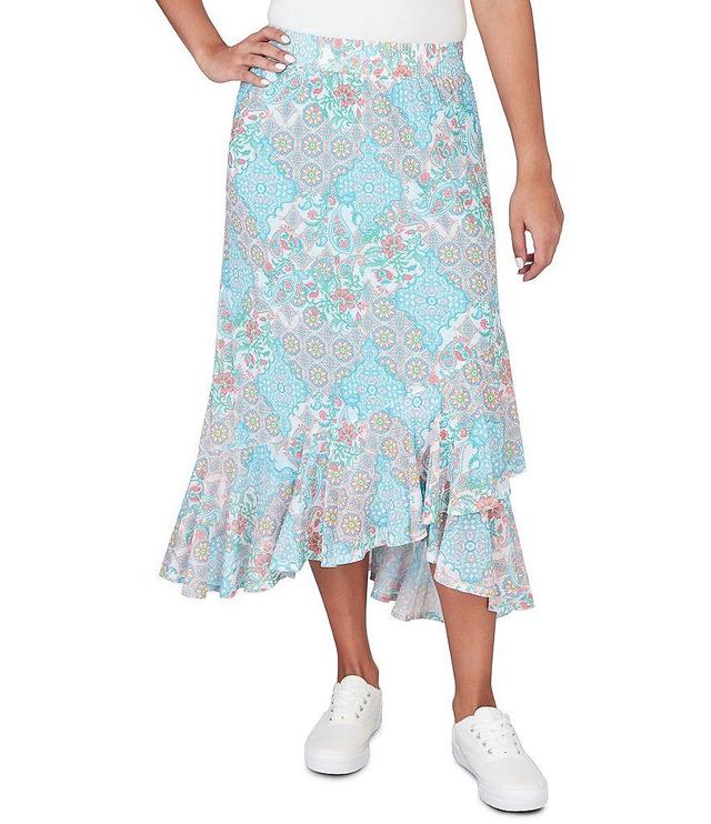 Ruby Rd. Petite Size Paisley Tile Print Ruffle Hem Pull-On Skirt Product Image