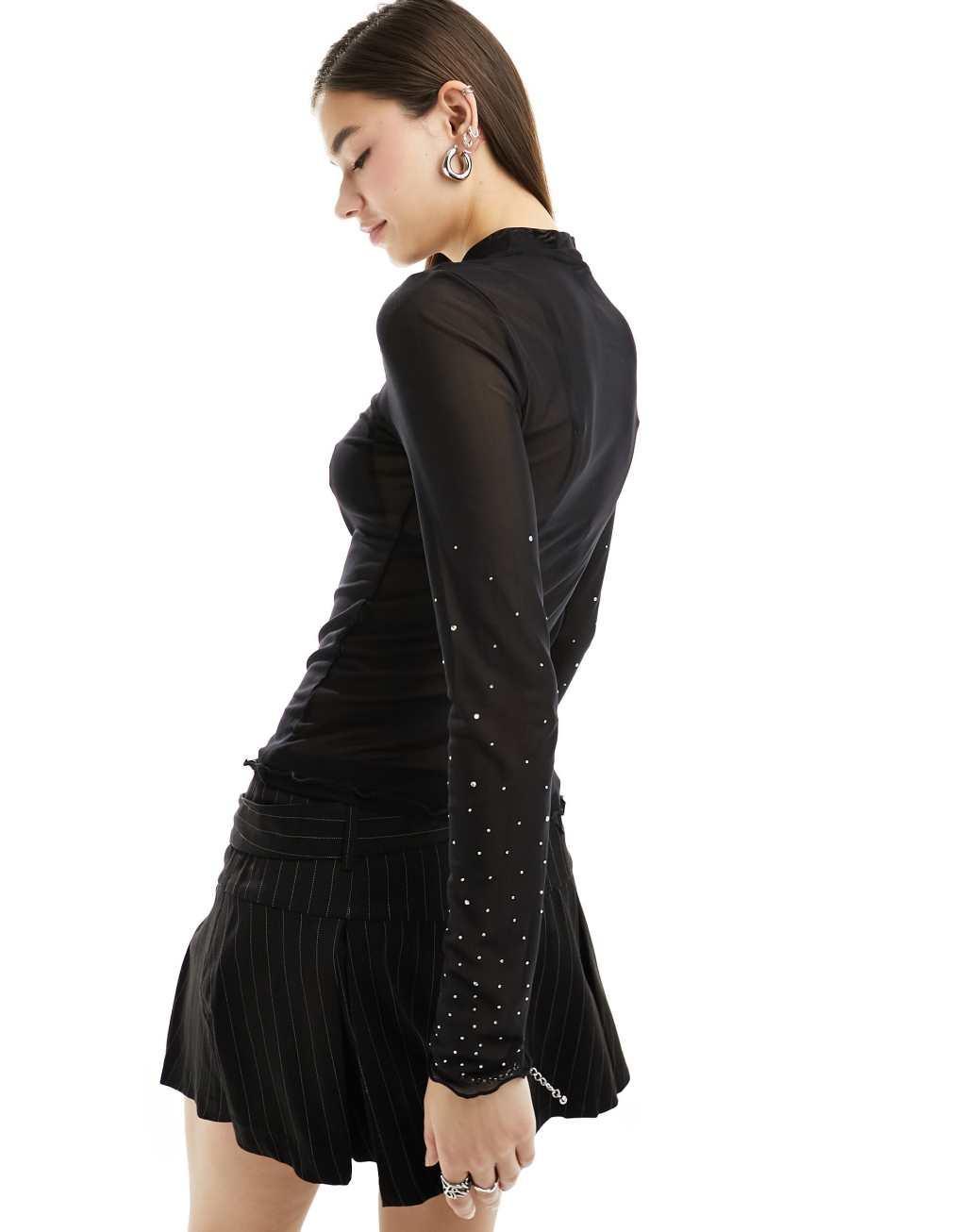 Only high neck mesh top with rhinestones in black  Product Image