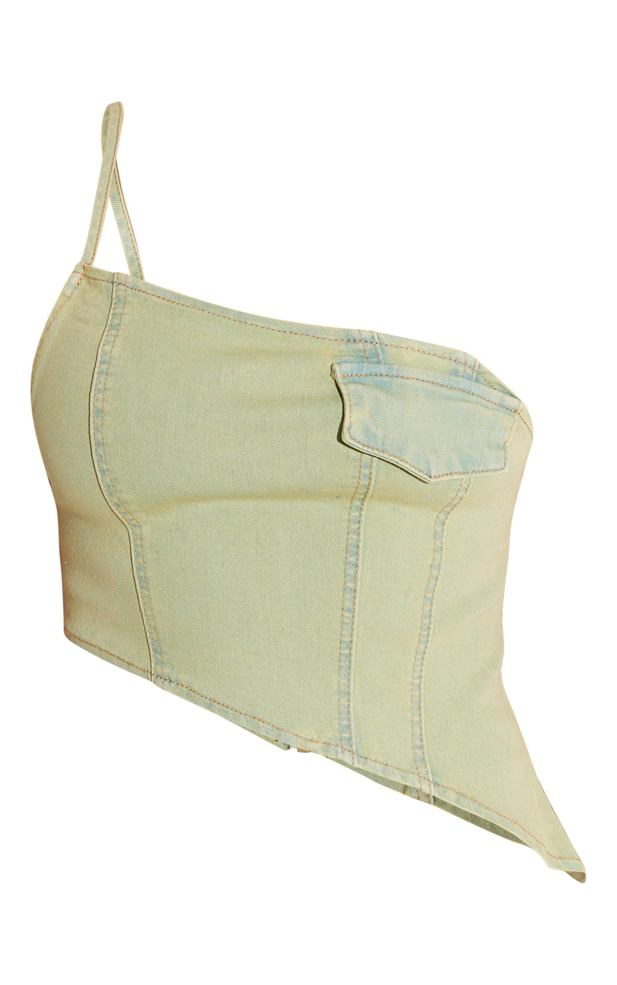 Shape Washed Green Denim One Shoulder Asymmetric Seam Detail Crop Top Product Image