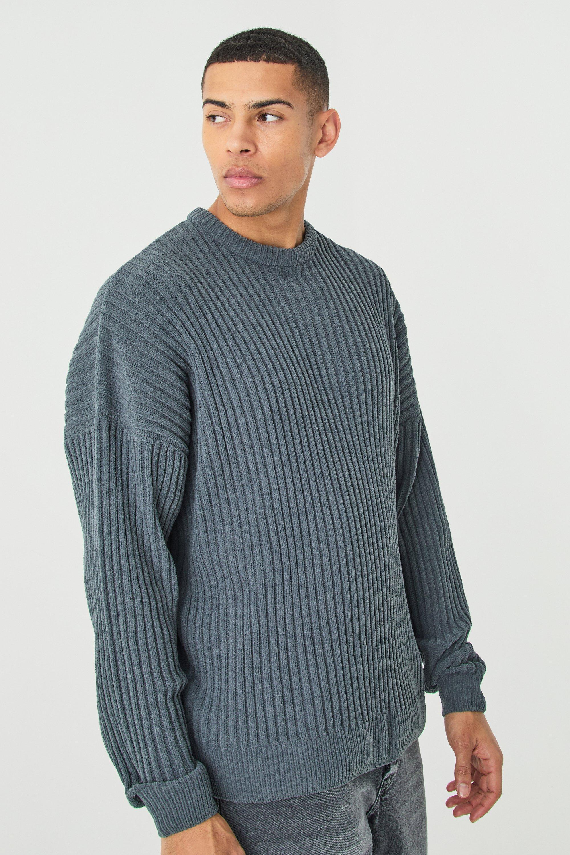 Mens Grey Oversized Ribbed Chenille Crew Neck Jumper, Grey Product Image