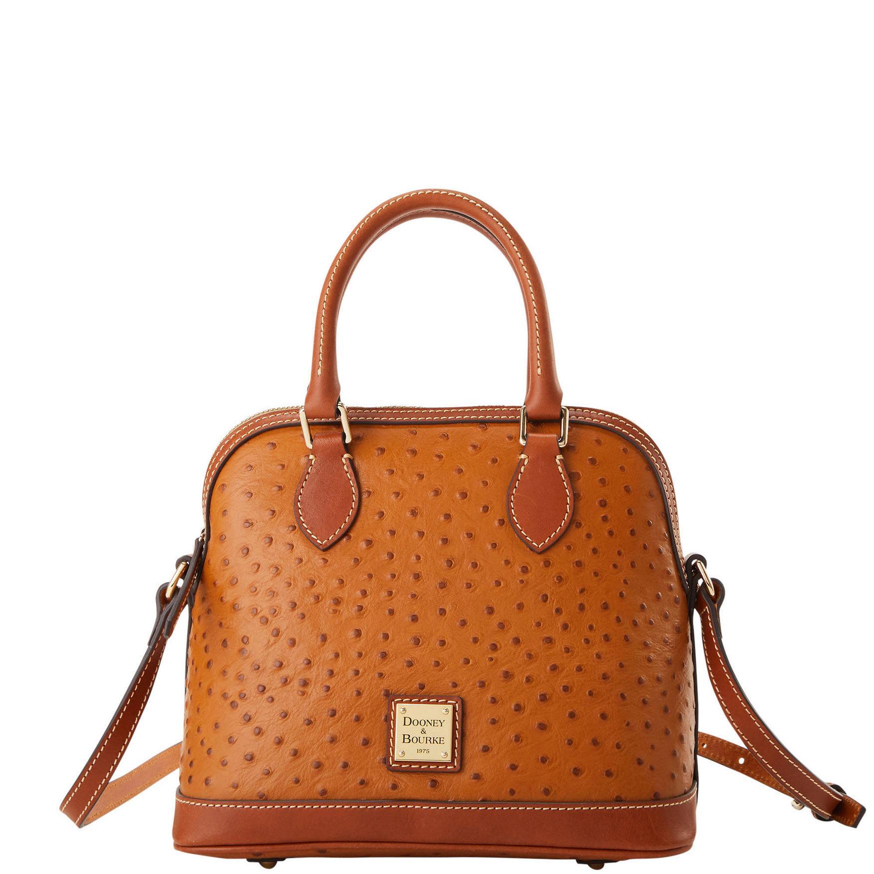 Dooney & Bourke Womens Ostrich Leather Satchel Bag in Caramel Product Image