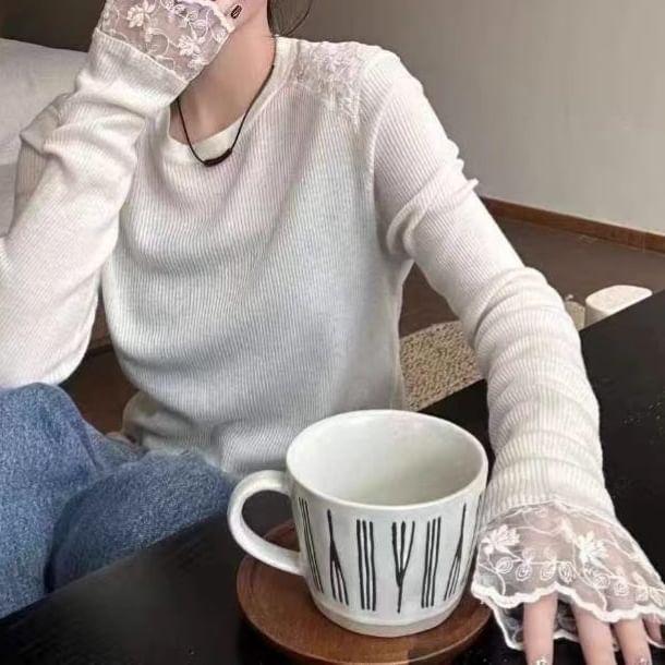 Long-Sleeve Crewneck Lace Panel Knit Top Product Image