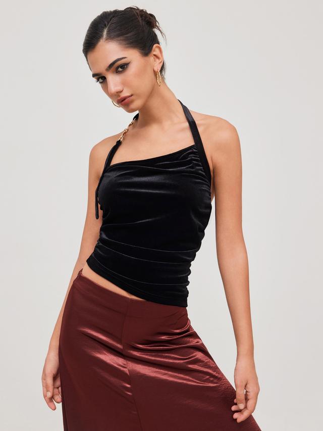 Velvet Halter Neckline Hook Backless Crop Top Product Image