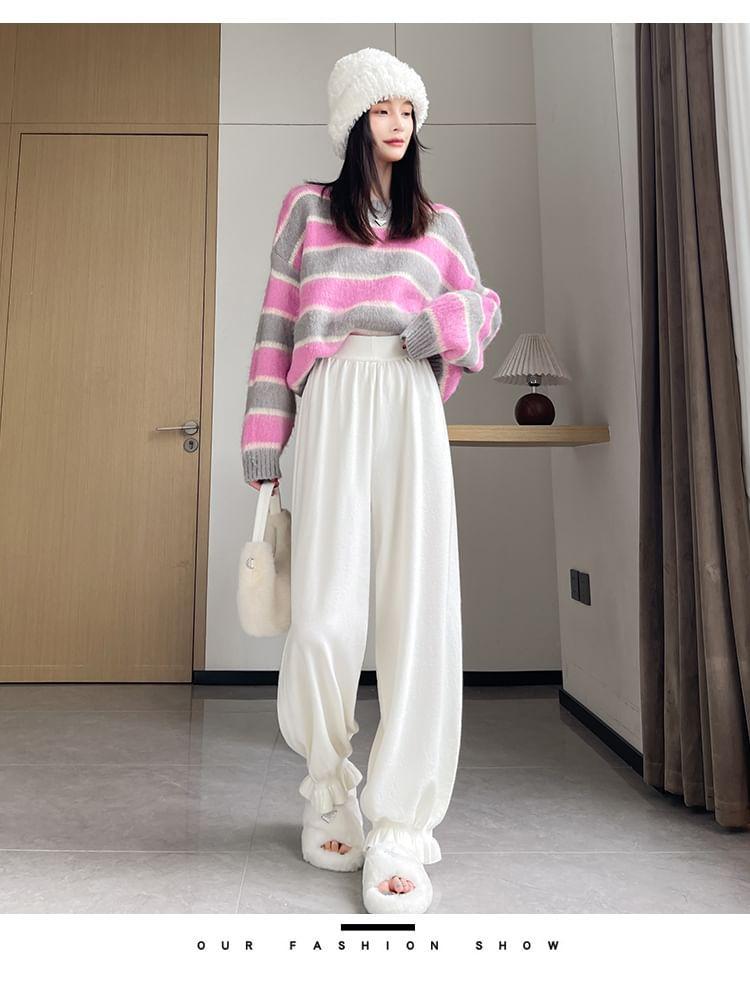 High Rise Plain Ruffle Hem Harem Knit Pants Product Image