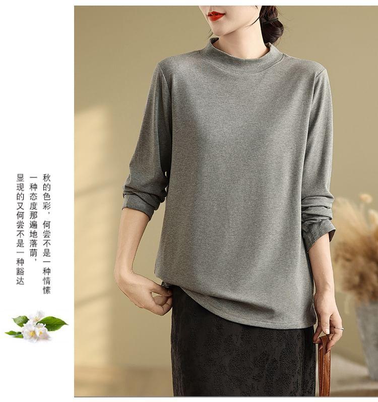 Long-Sleeve Mock Neck Plain Tee Product Image