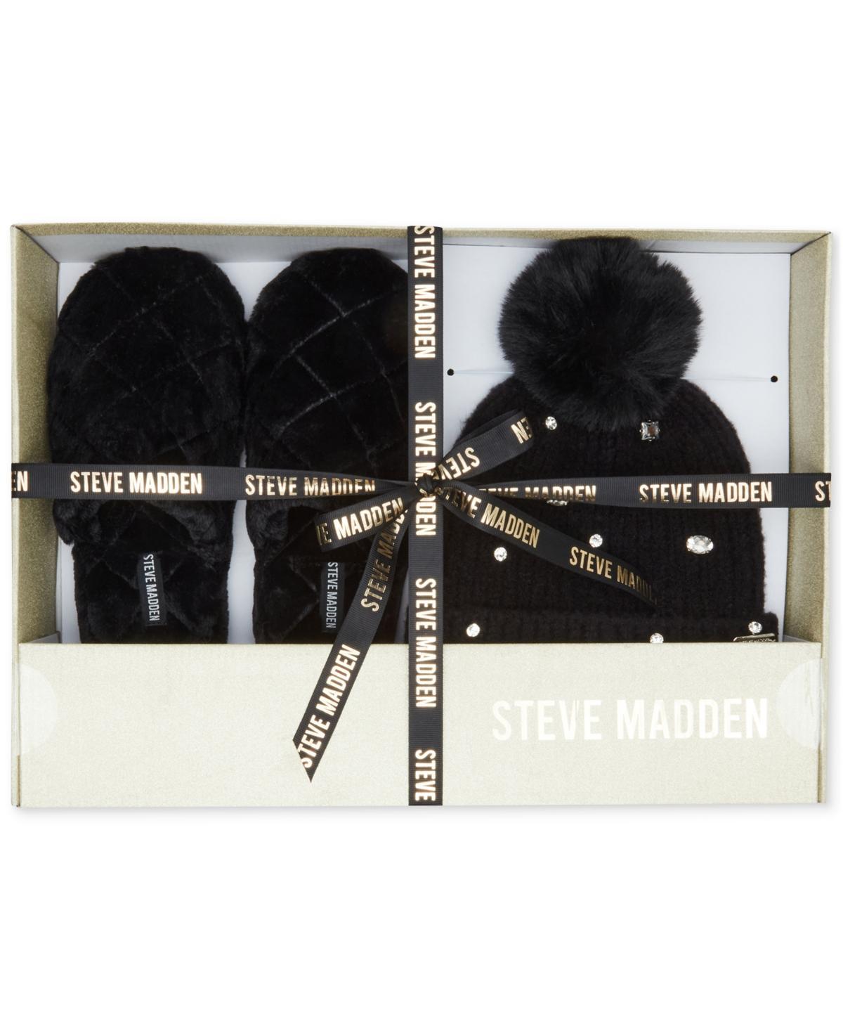 Steve Madden Womens 2-Pc. Embellished Beanie & Faux-Fur Slippers Boxed Gift Set Product Image