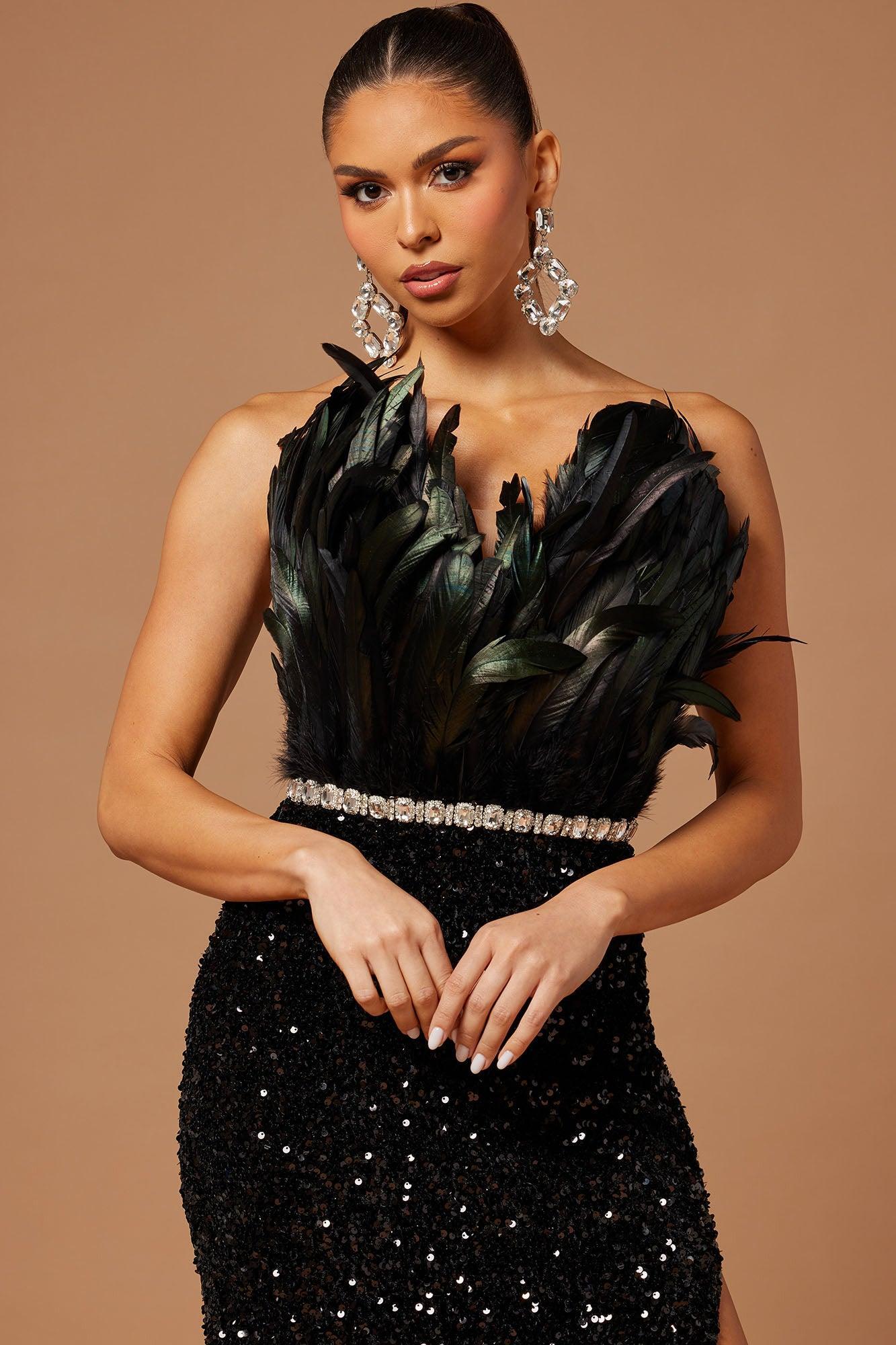 Lucille Feather Sequin Gown - Black Product Image