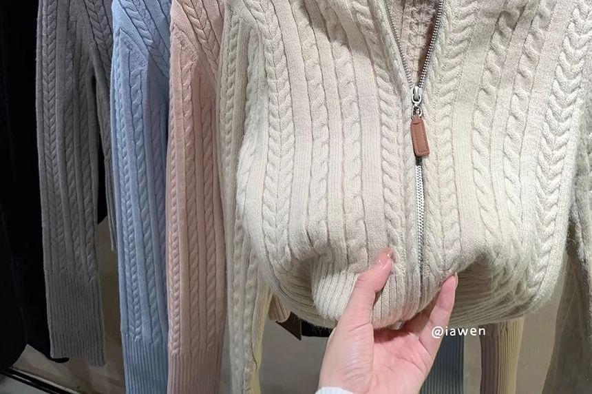 Plain Cable Knit Hood Zip Cardigan Product Image