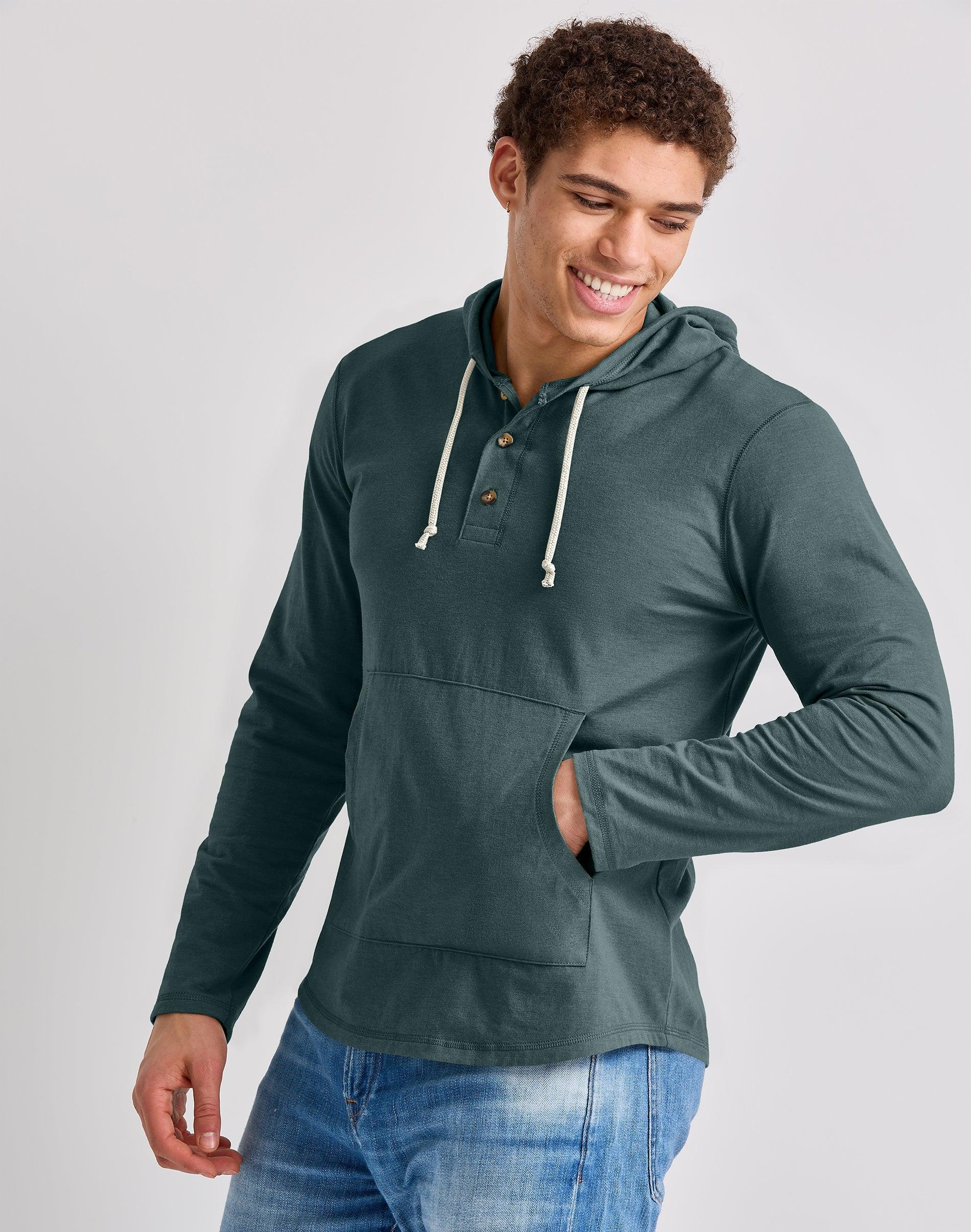 Mens Hanes Originals Cotton Henley Hooded Sweatshirt Product Image