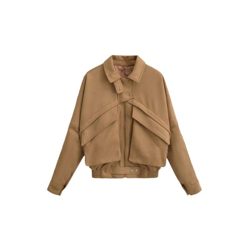 Collared Plain Zip-Up Faux Suede Jacket Product Image