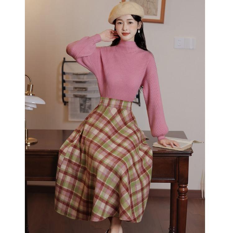 Set: Mock Neck Plain Sweater + High Rise Plaid Midi A-Line Skirt Product Image