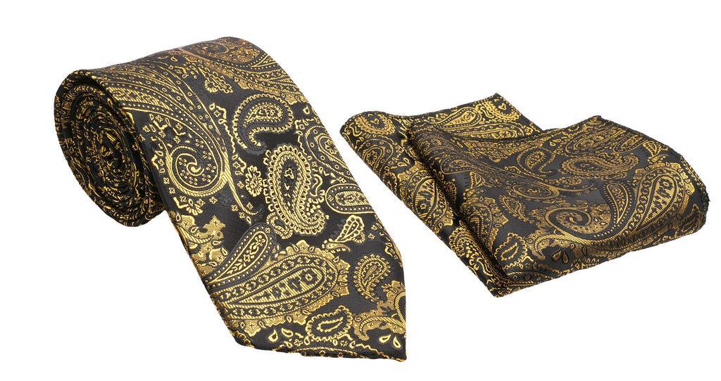 Gold Black Paisley Pattern Men's Classic Tie and Pocket Square Set Product Image