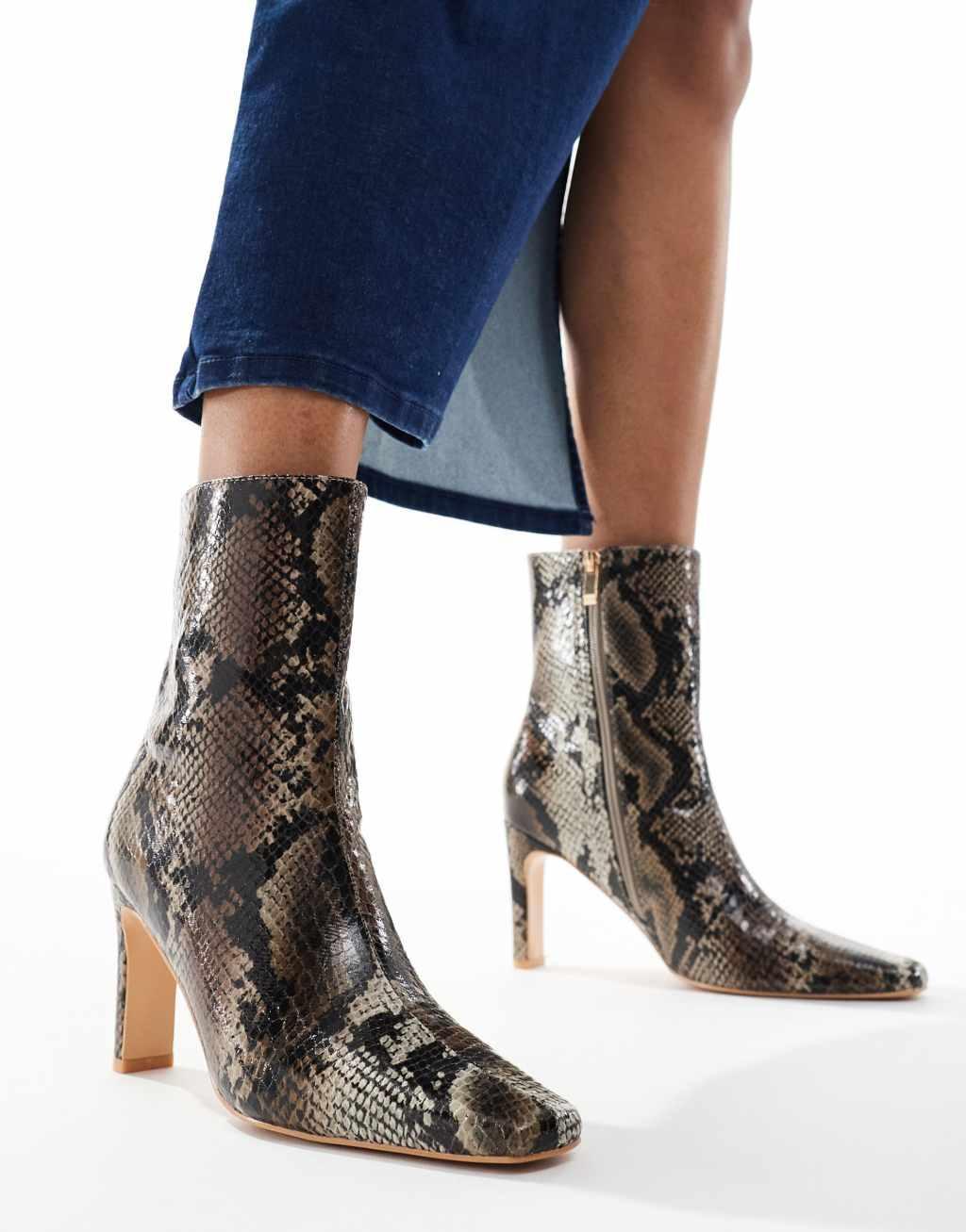 Public Desire Polaris square toe heeled ankle boots in snake Product Image