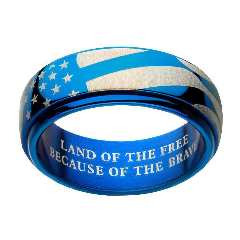 Mens Stainless Steel Blue Ion Plated Spinner American Flag Ring Two Tone Product Image