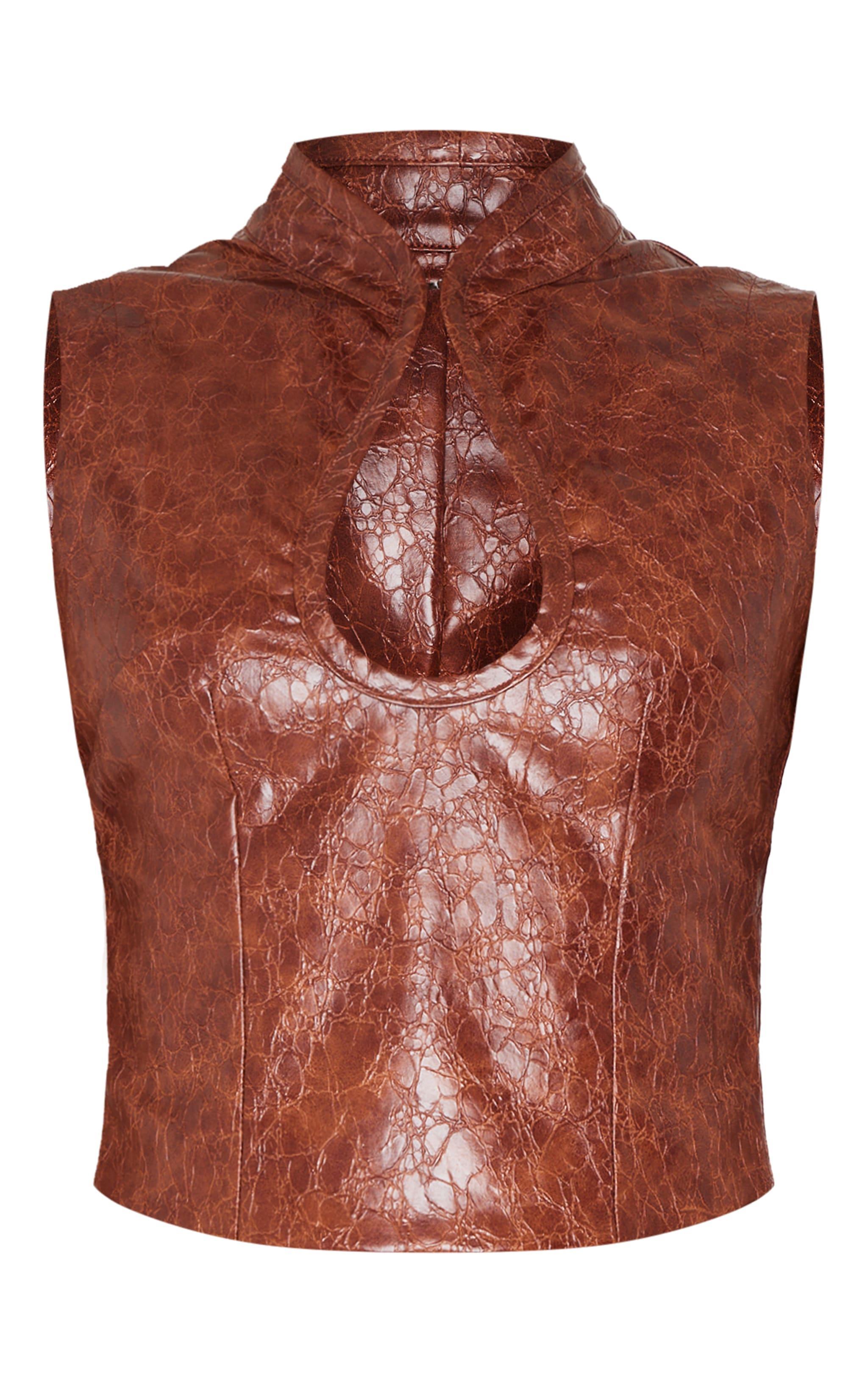 Brown Textured Faux Leather Keyhole Long Top Product Image