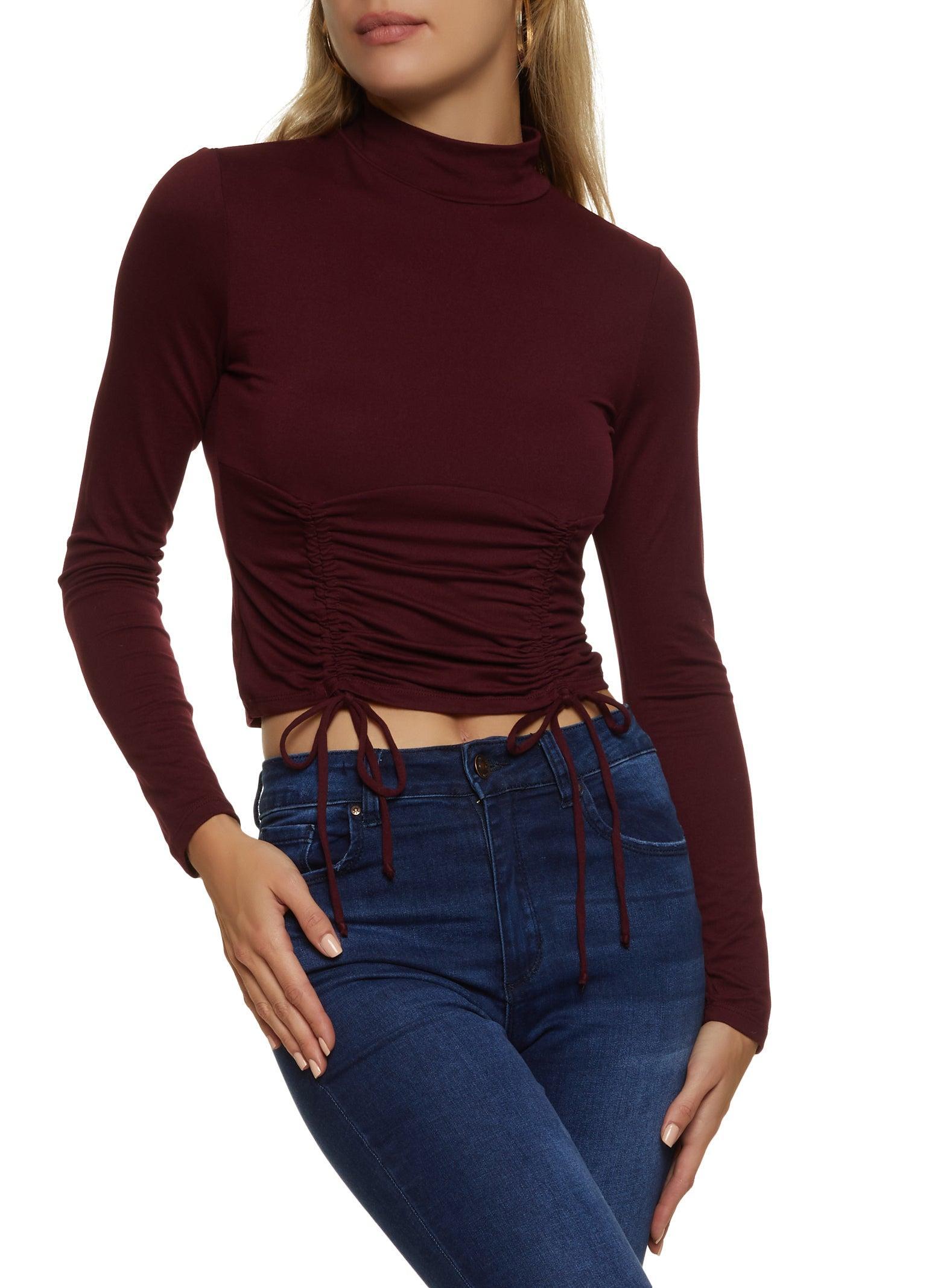 Womens Mock Neck Ruched Long Sleeve Crop Top Product Image