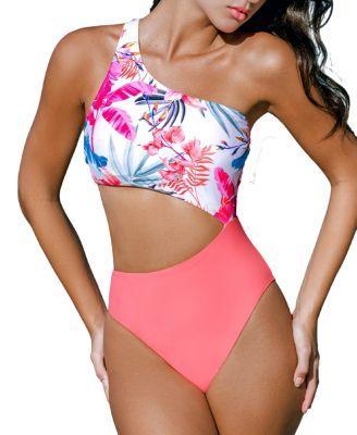 Cupshe Womens Floral One-Shoulder Asymmetrical Cutout One Piece Swimsuit Product Image