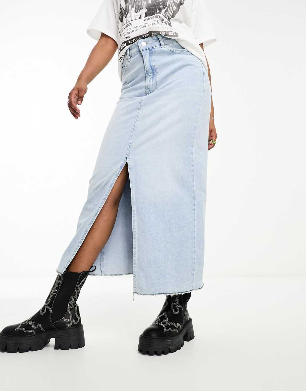 Bershka raw hem split hem denim midi skirt in light blue Product Image