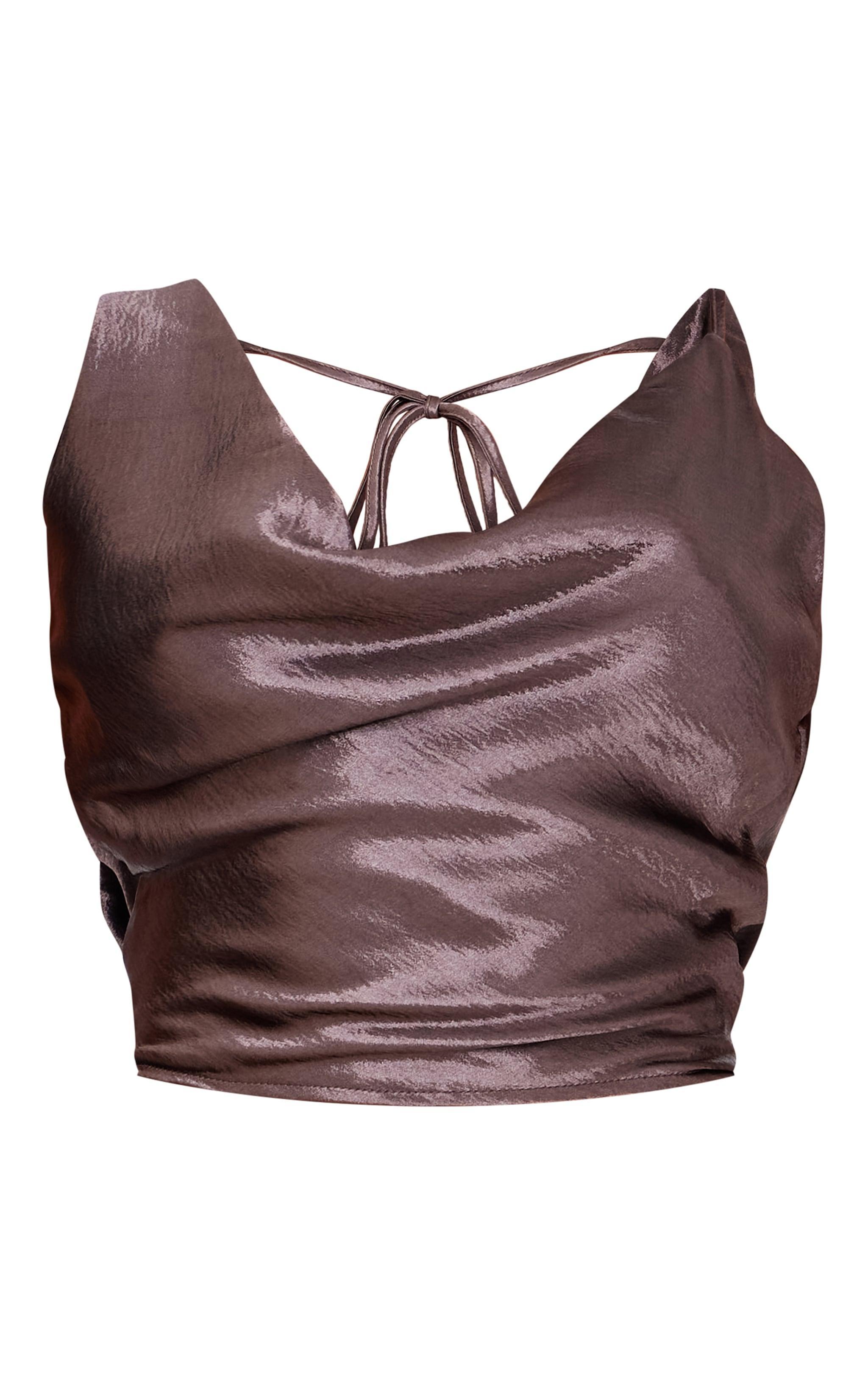 Dark Brown Metallic Satin Cowl Crop Top Product Image