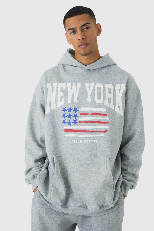 Plus New York Print Oversized Hoodie in Grey | boohooMAN USA Product Image