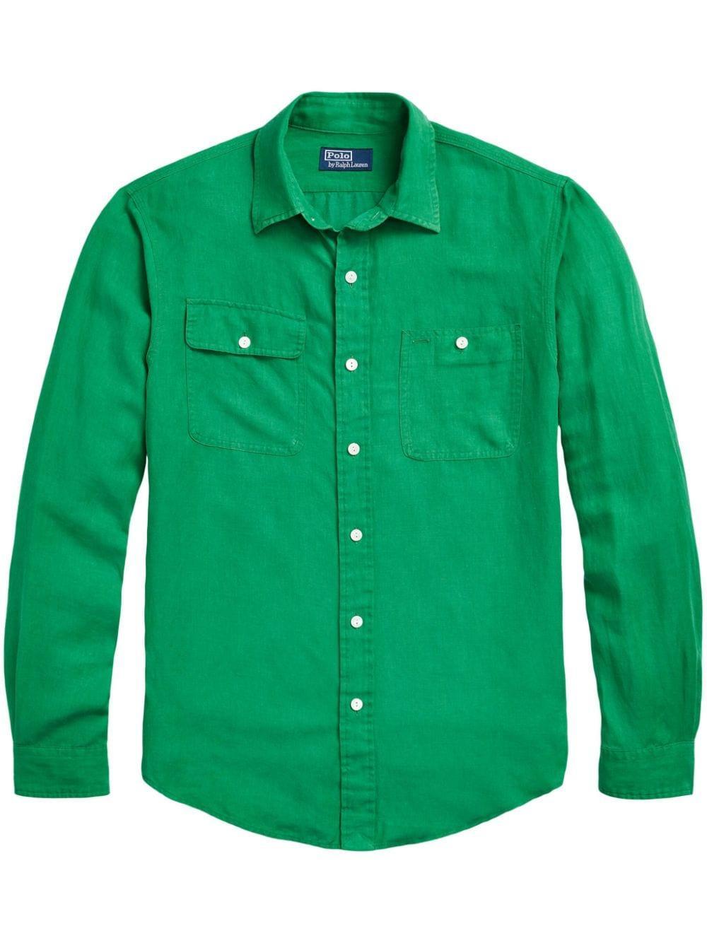 Linen-blend Button-up Shirt In Green Product Image