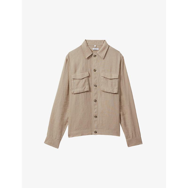 REISS Mens Stone Viera Patch-pocket Long-sleeve Linen Overshirt Product Image