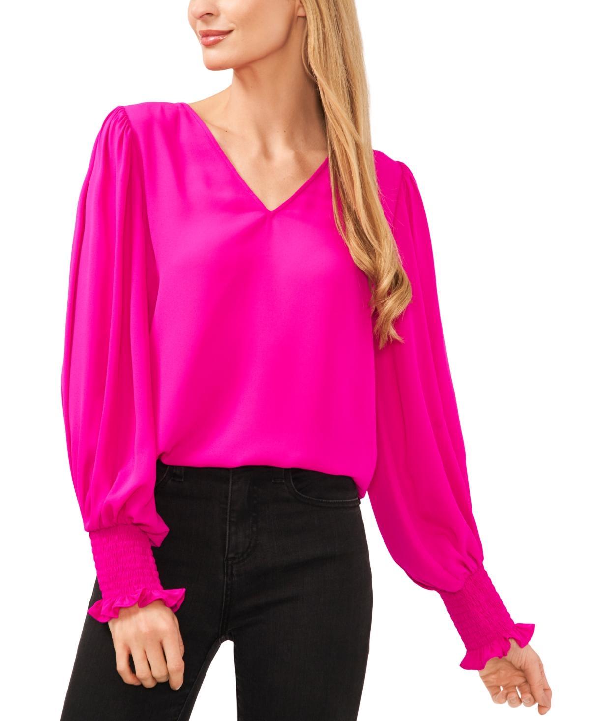 CeCe Womens Long-Sleeve Smocked-Cuff V-Neck Blouse Product Image