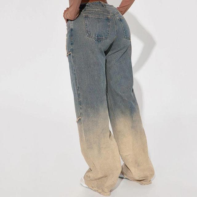 Mid Waist Gradient Fringed Washed Loose Fit Jeans Product Image