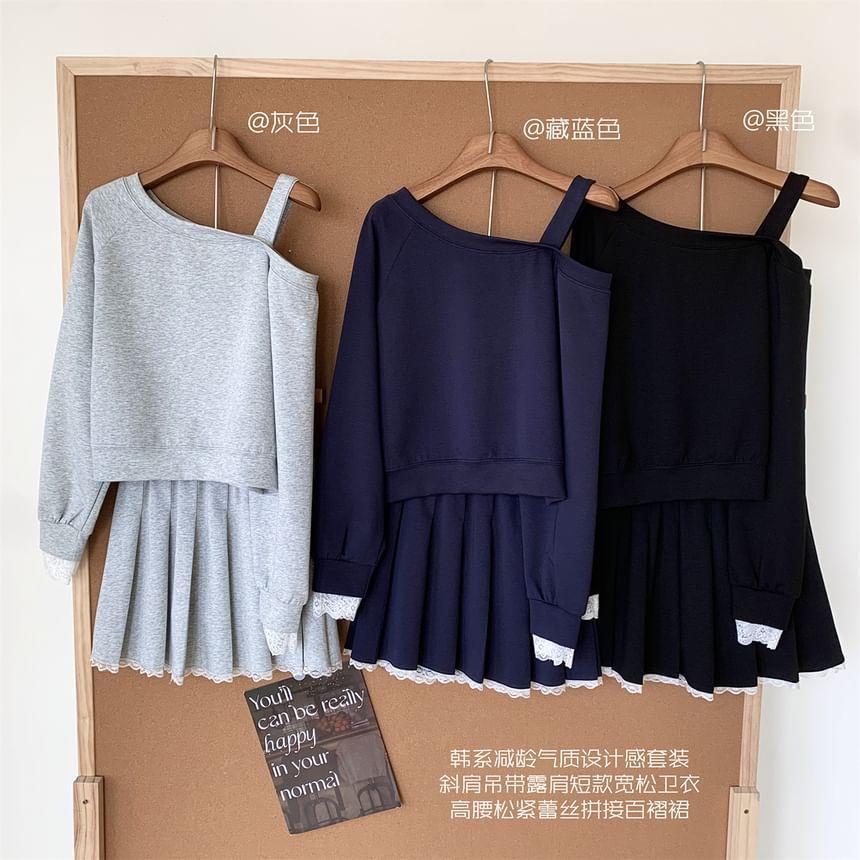 Set: Cold Shoulder Mock Two Piece Sweatshirt + Mid Rise Plain Mini Pleated Skirt Product Image