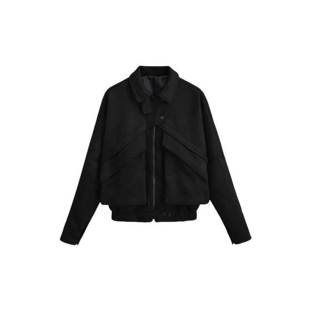 Collared Plain Zip-Up Faux Suede Jacket Product Image