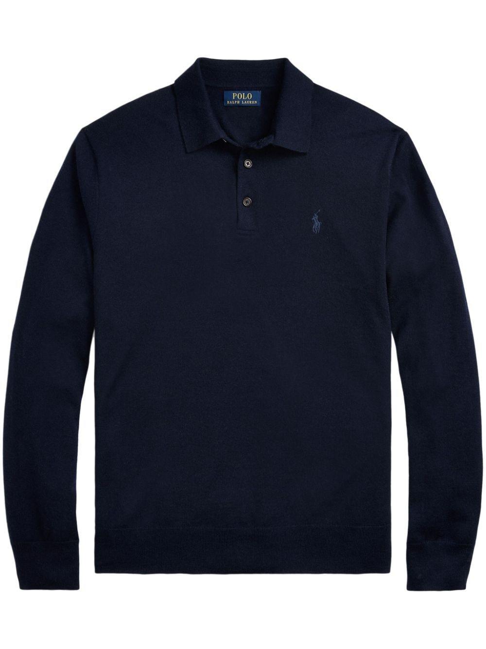 Long-sleeved Wool Polo Shirt In Blue Product Image