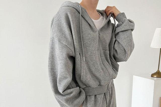 Set: Plain Zip-Up Hooded Jacket + Elastic Waist Sweatpants Product Image