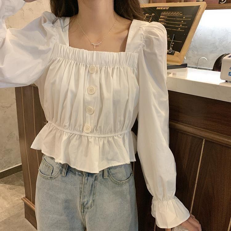 Puff-Sleeve Square Neck Plain Peplum Cropped Blouse Product Image