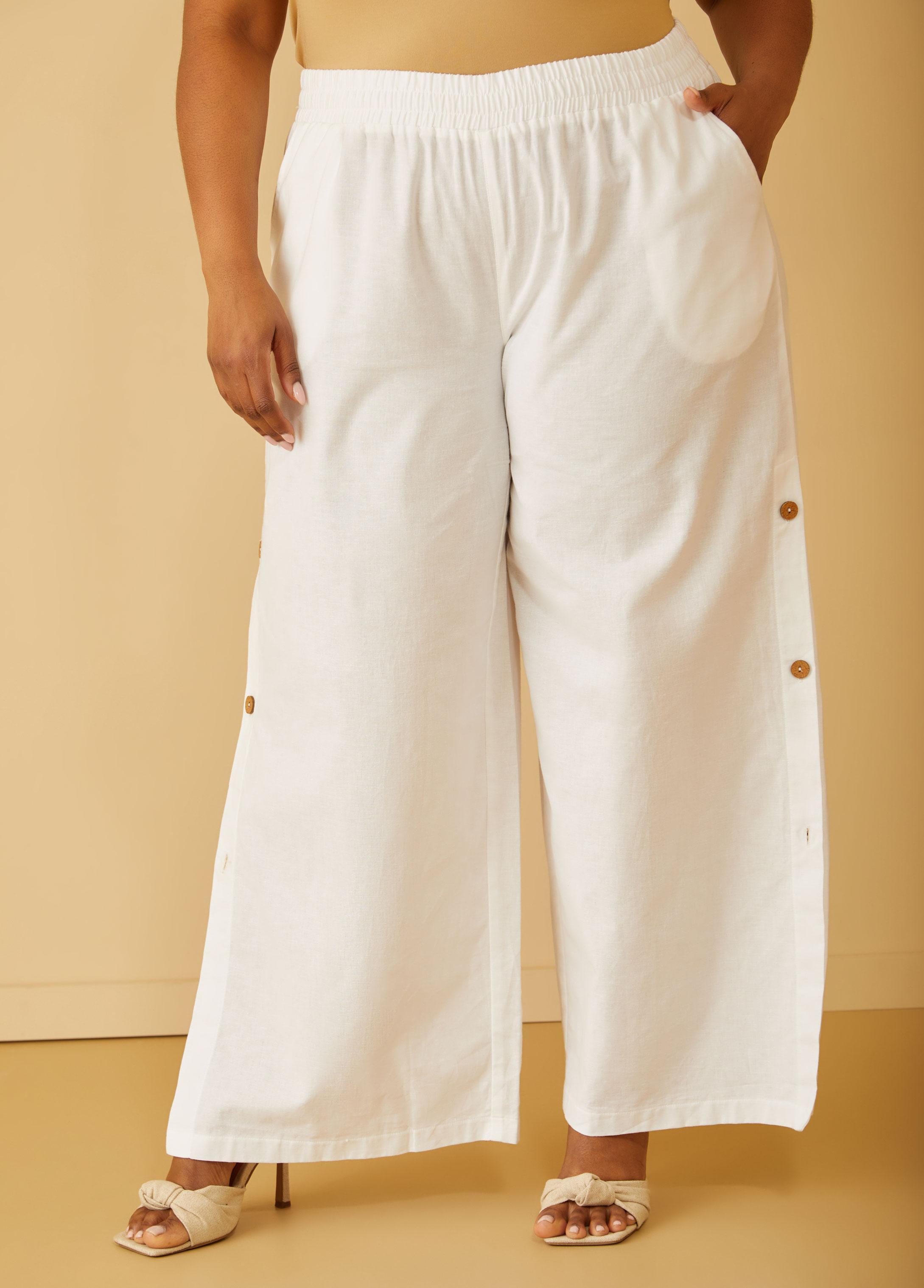 Plus Size Button Detailed Linen Blend Pants, - Ashley Stewart Product Image