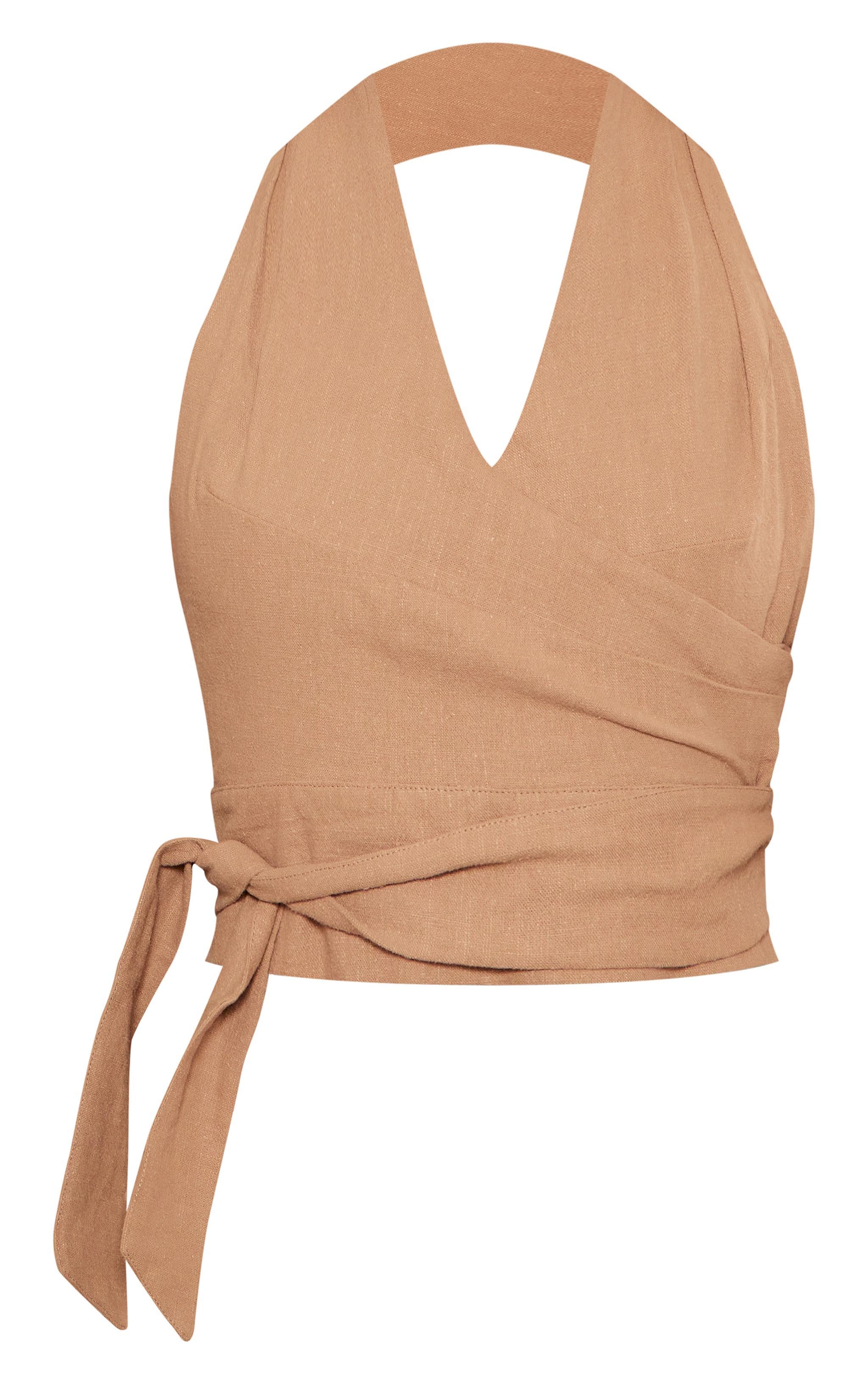 Beige Structured Linen Look Pleated Halter Crop Top Product Image