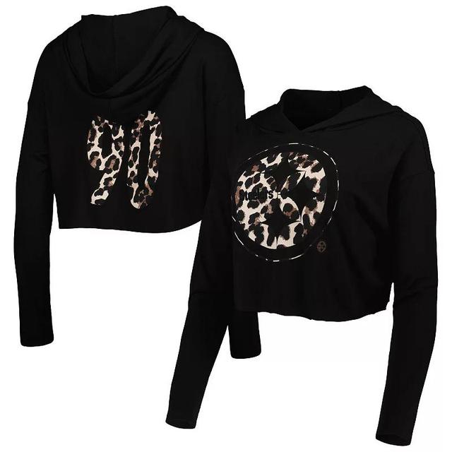 Womens Majestic Threads T.J. Watt Leopard Player Name & Number Long Sleeve Cropped Hoodie Product Image