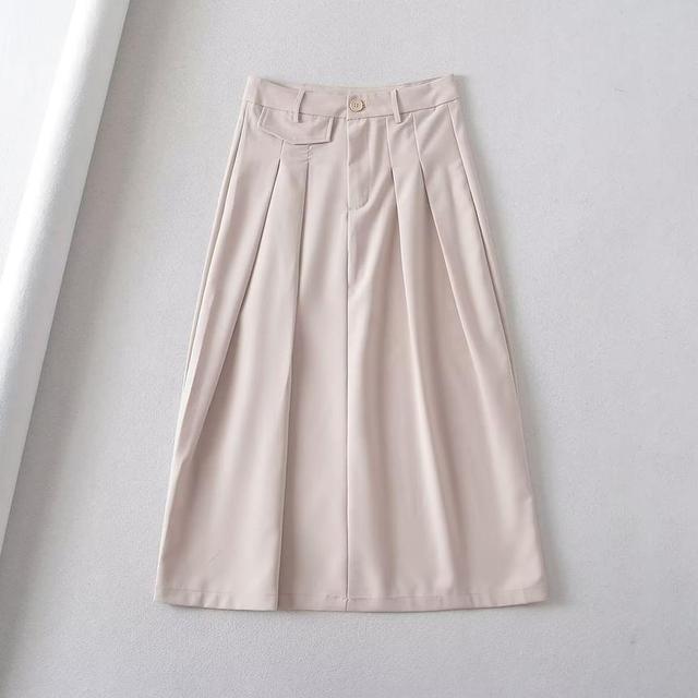 High Waist Plain Midi A-Line Pleated Suit Skirt Product Image