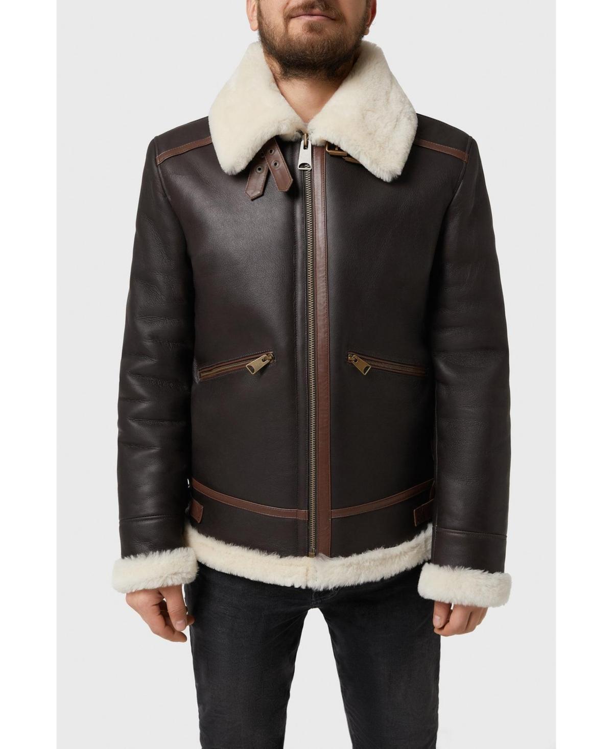 Furniq Uk Mens Shearling Zipper Pockets Aviator Jacket, Silky Brown with Beige Wool Product Image