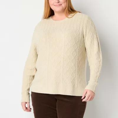 St. John's Bay Plus Womens Crew Neck Long Sleeve Cable Knit Pullover Sweater Product Image