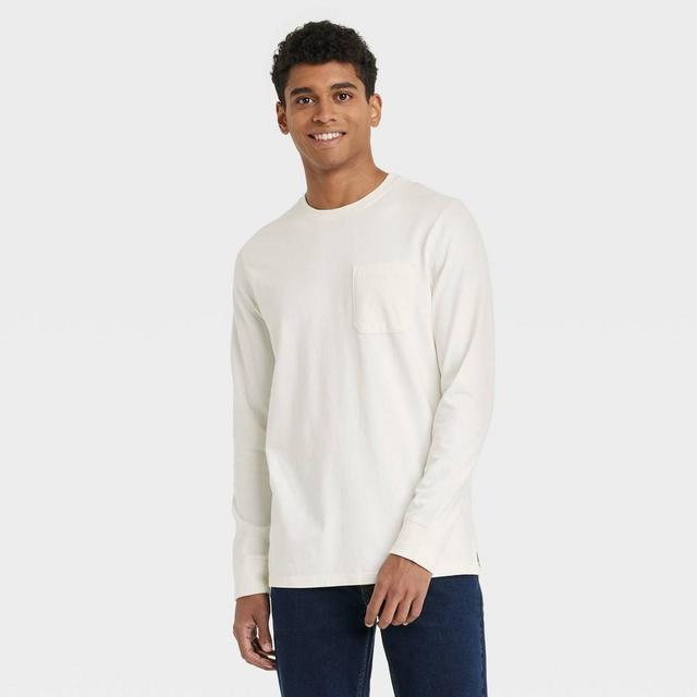 Mens Long Sleeve Pocket Crewneck T-Shirt - Goodfellow & Co White L Product Image