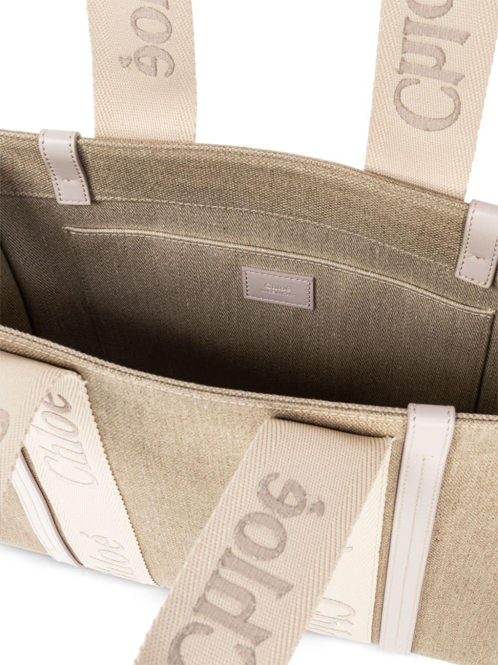 Medium Woody Logo-strap Linen Tote Bag In Neutrals Product Image