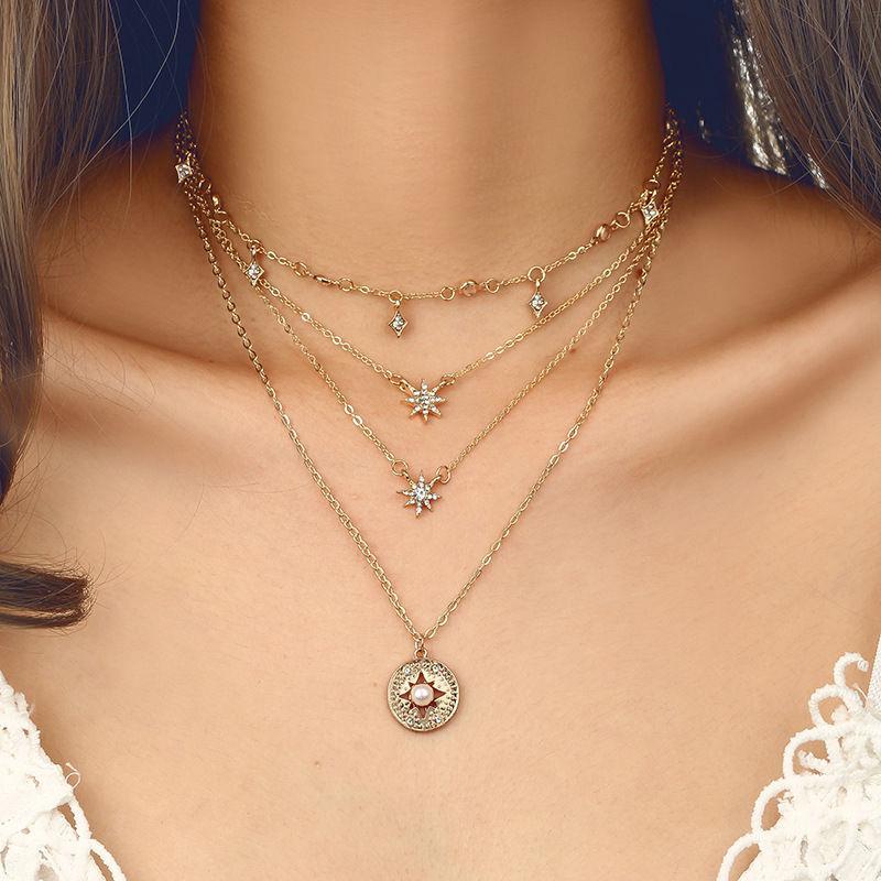 Rhinestone Disc Pendant & Star Layered Necklace Product Image