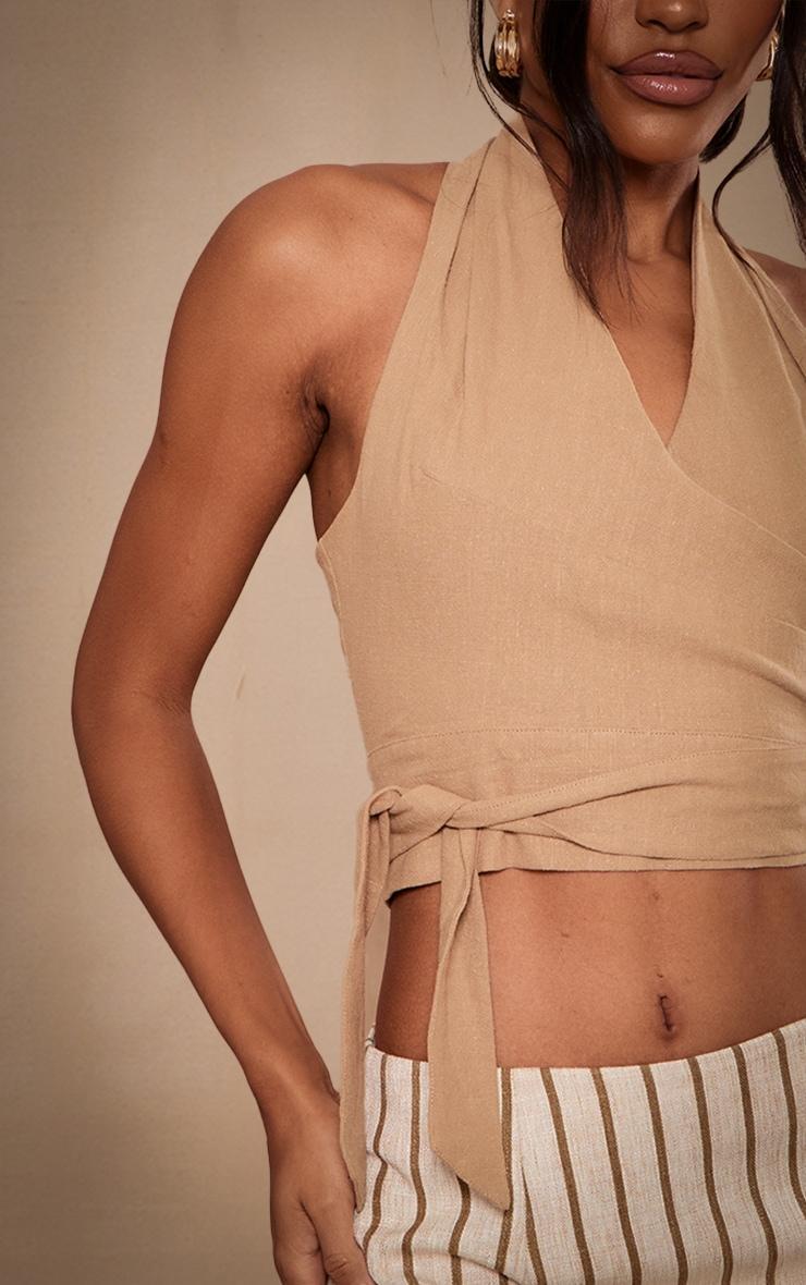 Beige Structured Linen Look Pleated Halter Crop Top Product Image